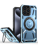 Protege tu iPhone 16 Pro con una funda rugged shockproof con soporte de anillo incorporado en color azul en Xela.