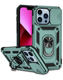 Funda híbrida verde de doble capa para iPhone 16 Pro con aro metálico y protector de cámara SlowBack.