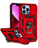 Funda híbrida roja para iPhone 16 Pro con doble capa, aro metálico y protector de cámara.