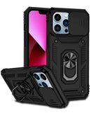 Funda híbrida SlowBack negra para iPhone 16 Pro con anillo metálico giratorio y protector de cámara integrado.