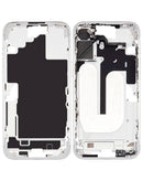 Marco central con piezas pequeñas para iPhone 16 Plus en color blanco disponible en Quetzaltenango, ideal para reparaciones y mantenimiento de tu dispositivo.