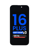 Pantalla Soft OLED para iPhone 16 Plus, sin True Tone ni transferencia de IC, lista para instalar.