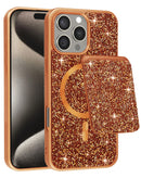 Case magnético naranja de doble capa para iPhone 16 Pro Max, con ranura trasera para tarjeta. Protección y funcionalidad.