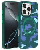 Funda de carga inalámbrica camuflaje verde para iPhone 16 Pro Max, diseño robusto y protector.
