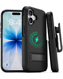 Funda holster híbrida negra para iPhone 17 con clip de cinturón, doble capa y protección robusta.