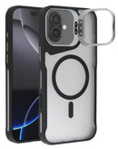 Funda mate transparente negra para iPhone 17 con soporte de cámara y carga inalámbrica, protección elegante.