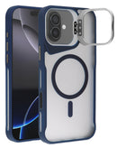 Funda iPhone 17 transparente mate azul con soporte de cámara, compatible con carga inalámbrica, duradera.