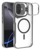 Estuche mate gris transparente para iPhone 17 con soporte de cámara y carga inalámbrica.