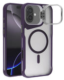 Estuche transparente mate púrpura para iPhone 17 con soporte integrado y compatible con carga inalámbrica.
