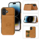 Funda de cuero marrón tipo cartera para iPhone 17 con ranuras para tarjetas y billetes, protección elegante.
