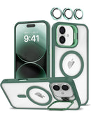 Protege tu iPhone 17 con esta funda magnética transparente con soporte para cámara, disponible en color verde oscuro en Warranty Product Xela Quetzaltenango.
