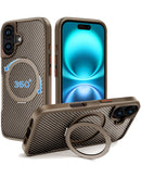 Funda magnética premium SlowBack dorada para iPhone 17 con soporte de anillo giratorio 360 grados.