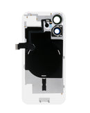 Tapa trasera negra transparente para iPhone 17 con marco, cable flex y MagSafe, sin logo.