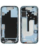 Marco medio iPhone 17 azul niebla con piezas pequeñas, versión internacional, para reparación de pantalla.