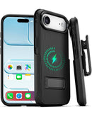 Funda híbrida negra de doble capa para iPhone Air con holster y clip de cinturón, protección robusta.