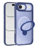 Funda azul para iPhone AIR con carga inalámbrica y soporte de anillo giratorio integrado, vista frontal y trasera.