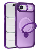 Funda morada SlowBack para iPhone con carga inalámbrica y soporte giratorio integrado, vista frontal y lateral.