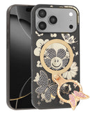 Funda negra de lujo para iPhone 17 Pro con diamantes brillantes y anillo de mariposa.