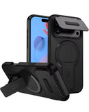Funda negra para iPhone con protector de lente deslizable y kickstand magnético, para visión manos libres.