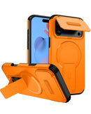 Funda magnética naranja para iPhone 17 Pro con protección de lente deslizante y soporte integrado.