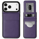 Estuche cartera de cuero púrpura para iPhone 17 Pro con ranuras para tarjetas y función de soporte.
