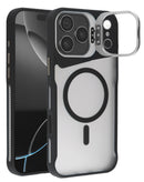Funda transparente Case Mate para iPhone 17 Pro negro, con soporte de cámara y carga inalámbrica.