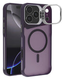 Funda mate transparente morado oscuro para iPhone 17 Pro con soporte y carga inalámbrica.