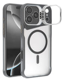Funda transparente mate gris para iPhone 17 Pro con soporte de cámara y carga inalámbrica.