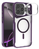 Funda transparente mate morada para iPhone 17 Pro, con soporte para cámara y carga inalámbrica.