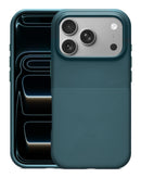 Case magnético SlowBack azul para iPhone 17 Pro, con textura punteada antideslizante y protección de cámara.