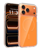 Funda Ultra Hybrid Magsafe naranja para iPhone 17 Pro, protección transparente con bordes reforzados.