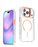 Funda magnética transparente para iPhone 17 Pro con soporte de cámara integrado y bordes naranjas, protección elegante.
