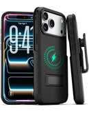 Funda híbrida negra de doble capa para iPhone 17 Pro Max con clip de cinturón y soporte.