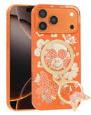 Funda naranja de lujo para iPhone 17 Pro Max con anillo de mariposa, protección elegante y funcional.