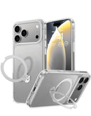 Funda magnética transparente para iPhone 17 Pro Max con soporte plegable, mostrando protección y diseño original del teléfono.