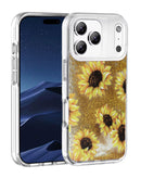 Funda brillante SUNFLOWER Liquid Quicksand para iPhone 17 Pro Max, con purpurina dorada y girasoles vibrantes.