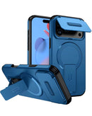 Funda azul SlowBack para iPhone 17 Pro Max con deslizador magnético para lente y soporte integrado.