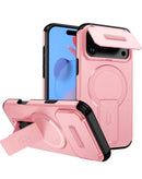 Funda magnética rosa para iPhone 17 Pro Max con protección de lente deslizante y soporte integrado.