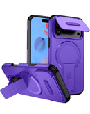 Estuche magnético morado para iPhone 17 Pro Max con lente deslizante, protección de cámara y soporte integrado.