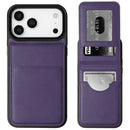 Estuche de cuero morado para iPhone 17 Pro Max con soporte integrado, elegante y funcional.