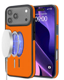 Funda naranja de cuero full cover para iPhone 17 Pro Max, compatible con carga inalámbrica.