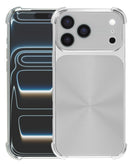 Carcasa electroplateada gris para iPhone 17 Pro Max, patrón CD, esquinas antichoque, protección premium.