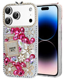 Funda rosa de silicona Crystal Flower para iPhone 17 Pro Max, con diseño de botella de perfume.