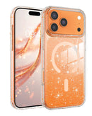 Funda Magsafe protectora ultra glossy naranja glitter para iPhone 17 Pro Max, fondo blanco.
