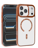 Funda magnética transparente con glitter, marco de diamantes de imitación y bordes naranjas para iPhone 17 Pro Max.