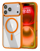 Funda magnética brillante transparente para iPhone 17 Pro Max, color naranja, con bordes reforzados y protección de cámara.
