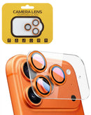 Tapa trasera transparente Cosmic Orange para iPhone 17 Pro con anillo metálico protector de cámara.
