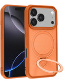 Case shockproof naranja para iPhone 17 Pro con soporte magnético integrado, vista trasera.