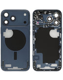 Marco intermedio azul profundo para iPhone 17 Pro Max, con piezas pequeñas para reparación.