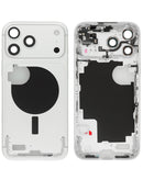 Marco medio plateado para iPhone 17 Pro Max con pequeñas piezas internas, versión internacional, ideal para reparación.